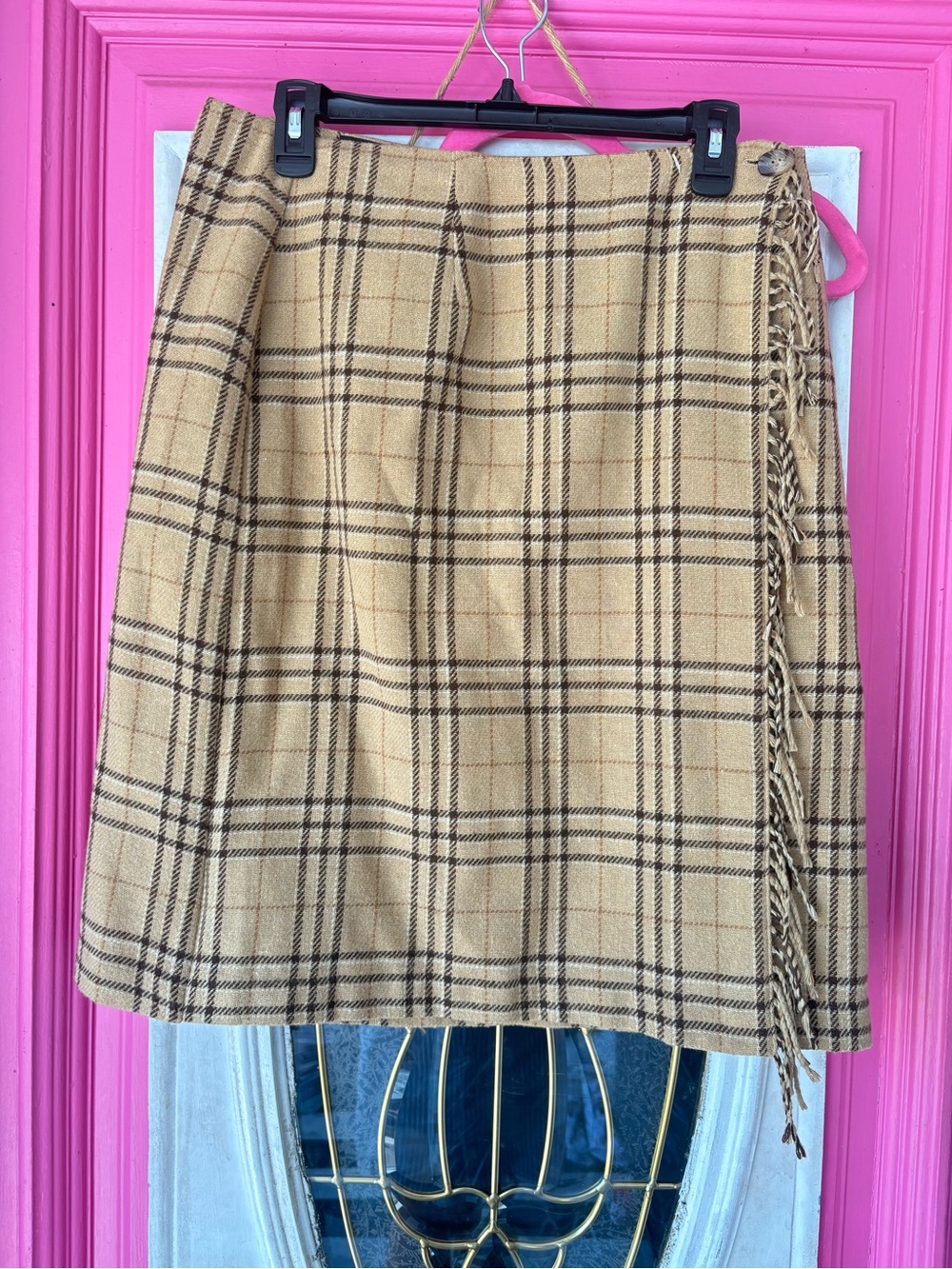 Sag Harbor Tan Plaid A-Line Wrap Skirt with Fringe